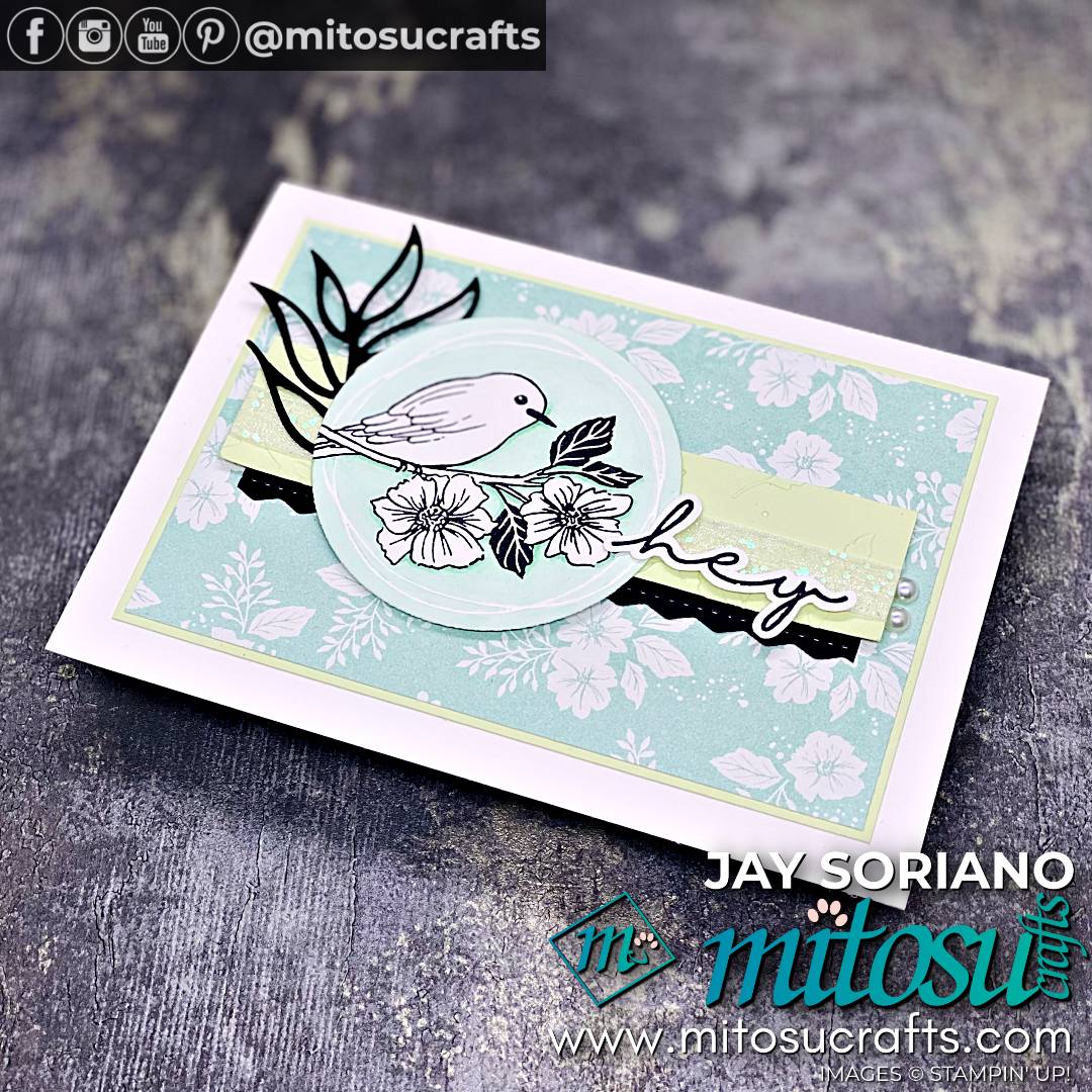 Floral Bird Card Idea with Friendly Hello Pretty Pattern Paper Sale-A-Bration Item from Mitosu Crafts by Barry Selwood & Jay Soriano Stampin' Up! Demonstrators UK France Germany Austria & The Netherlands