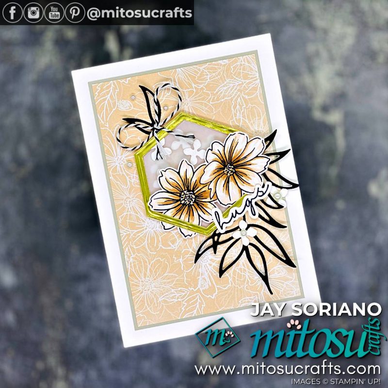 Natural Tones Floral Card Idea with Friendly Hello Pretty Pattern Paper Sale-A-Bration Item from Mitosu Crafts by Barry Selwood & Jay Soriano Stampin' Up! Demonstrators UK France Germany Austria & The Netherlands