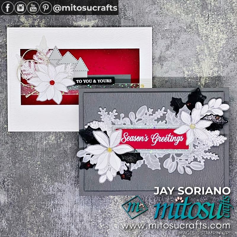 Poinsettia Christmas Cards with Merriest Moments Stamp Embossing On Vellum from Mitosu Crafts UK by Barry & Jay Soriano Stampin' Up! Demonstrators