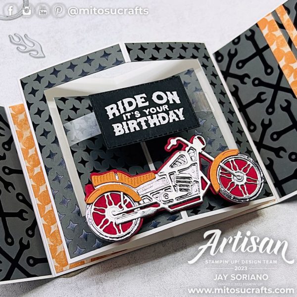 Stampin Up Legendary Ride Masculine Fun Fold Card with Motorcycle Idea from Mitosu Crafts by Barry & Jay Soriano Stampin Up UK France Germany Austria Netherlands Belgium Ireland