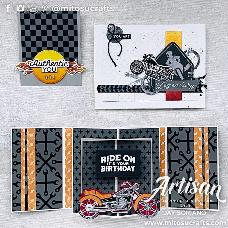 Stampin Up Legendary Ride Masculine Fun Fold Card with Motorcycle Ideas from Mitosu Crafts by Barry & Jay Soriano Stampin Up UK France Germany Austria Netherlands Belgium Ireland