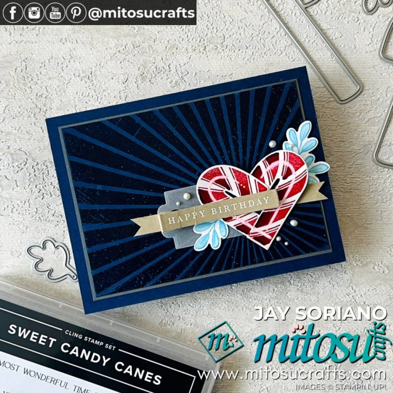 Sweet Candy Canes with Rays of Light Background Christmas Card Idea from Mitosu Crafts by Barry & Jay Soriano Stampin' Up! UK France Germany Austria Netherlands Belgium Ireland