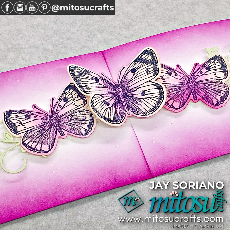 Inside Close Up of Triple Horizontal Pop Up Butterfly Card with Butterfly Brilliance from Mitosu Crafts UK by Barry Selwood & Jay Soriano Independent Stampin' Up! Demonstrators
